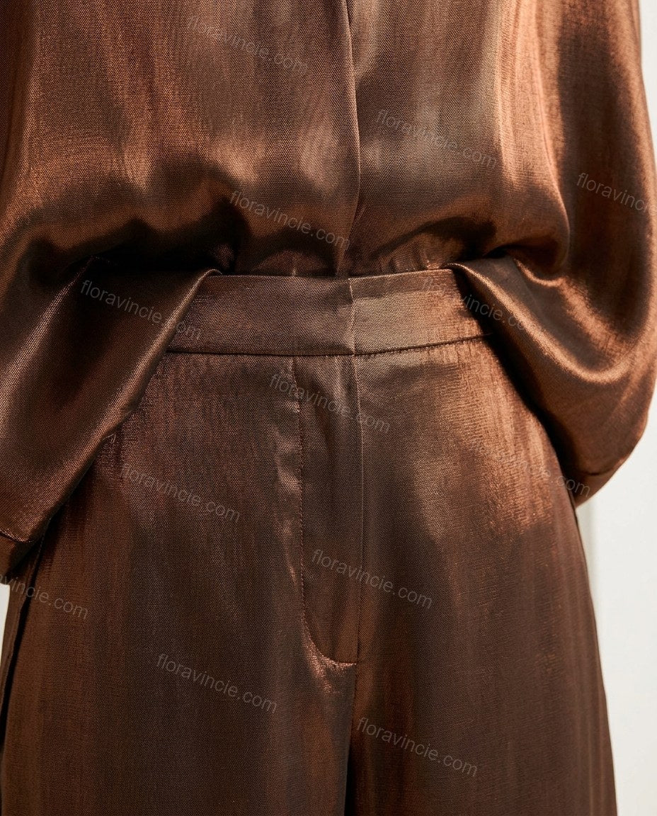 Bronze Satin Pants Set, close-up of collared neckline, gathered cuffs and wide leg pants, by Floravincie