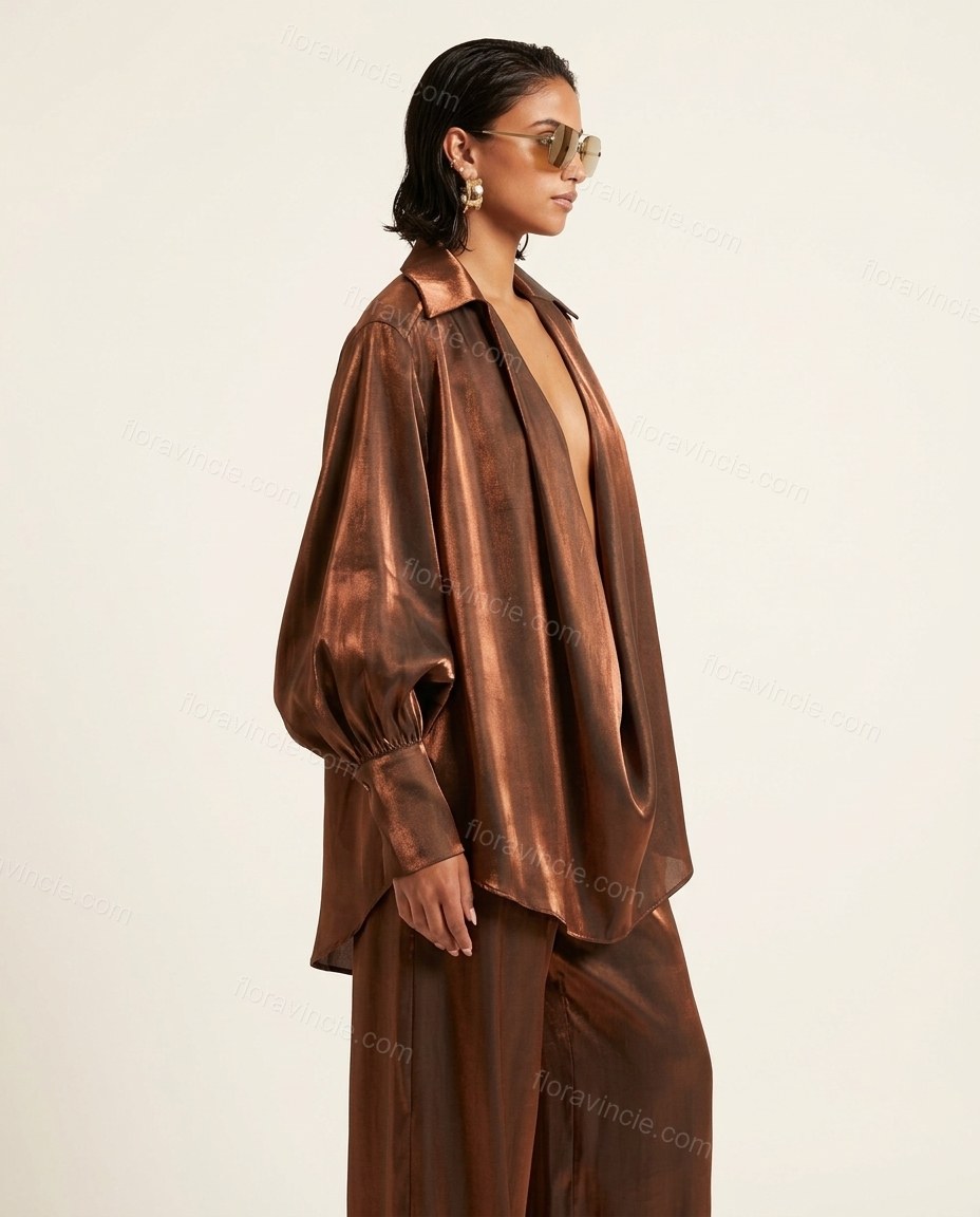 Bronze Satin Pants Set, side and back studio view showing not visible, by Floravincie