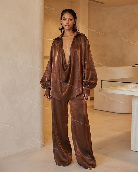 Bronze Satin Pants Set, full-length hero view, by Floravincie