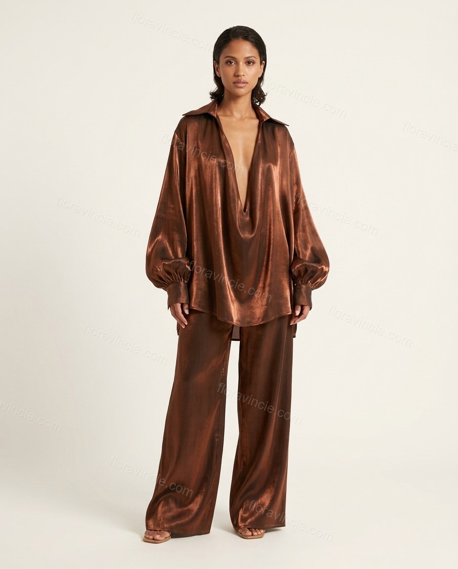 Bronze Satin Pants Set, front studio view, by Floravincie