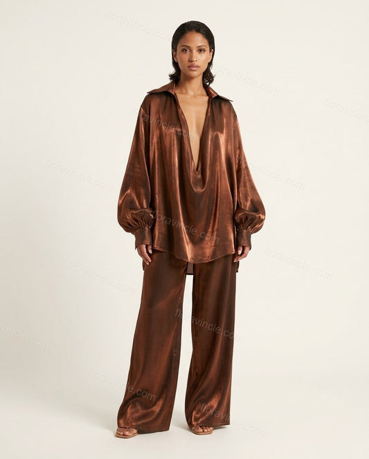 Bronze Satin Pants Set, front studio view, by Floravincie
