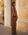 Bronze Satin Pants Set, three-quarter brand lifestyle view, by Floravincie