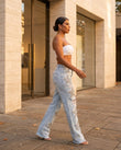 Light Blue Denim Pants, movement and fit lifestyle view, by Floravincie