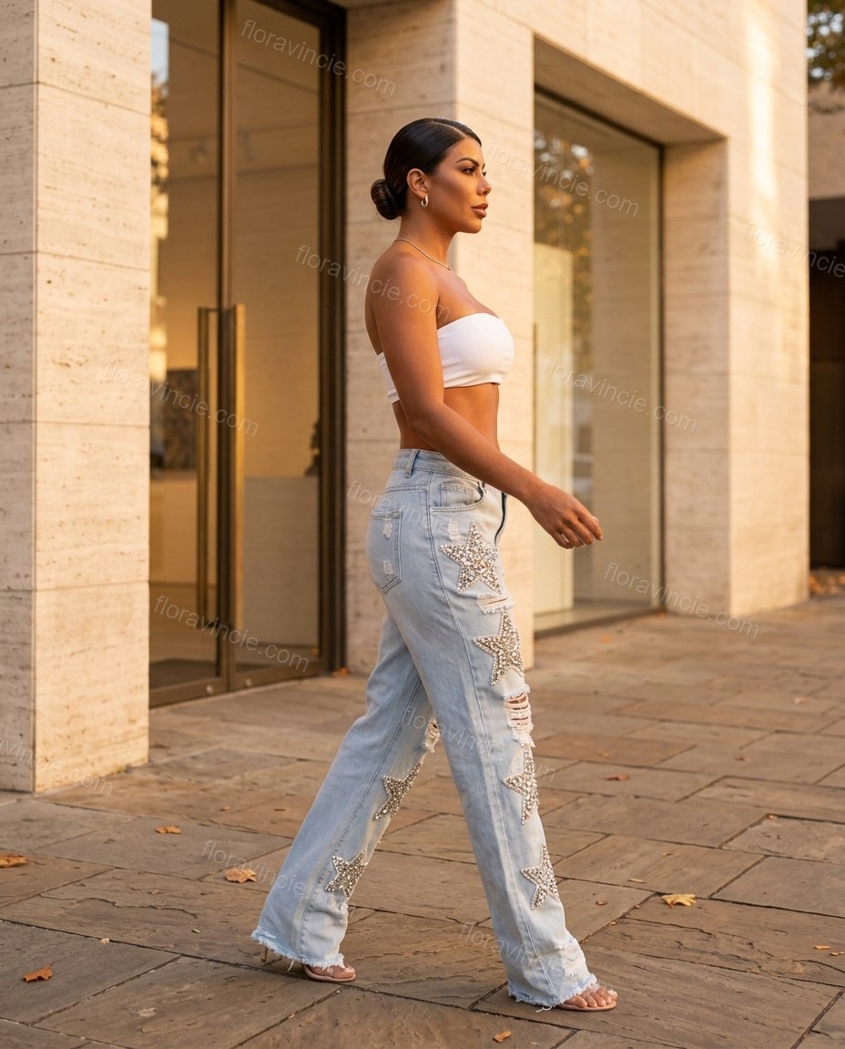 Light Blue Denim Pants, movement and fit lifestyle view, by Floravincie