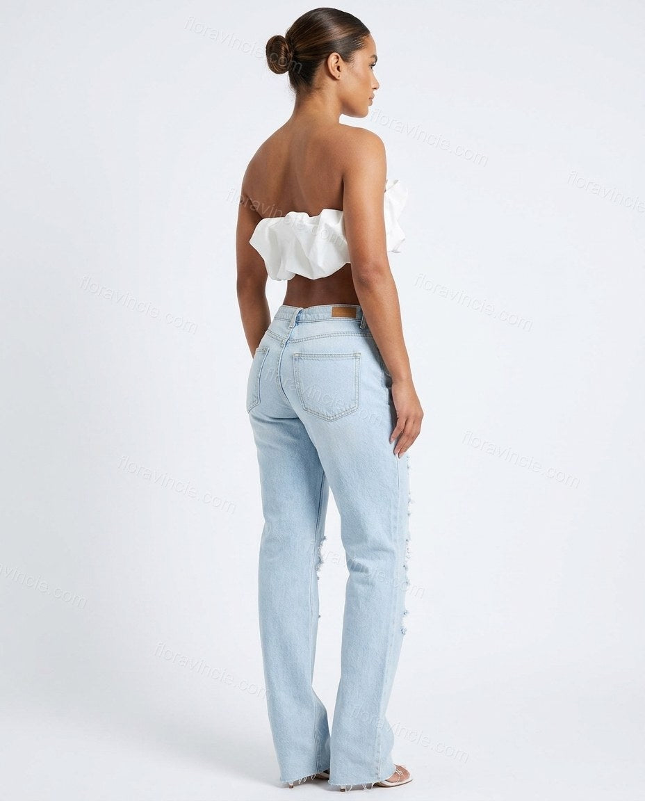 Light Blue Denim Pants, back studio view, by Floravincie