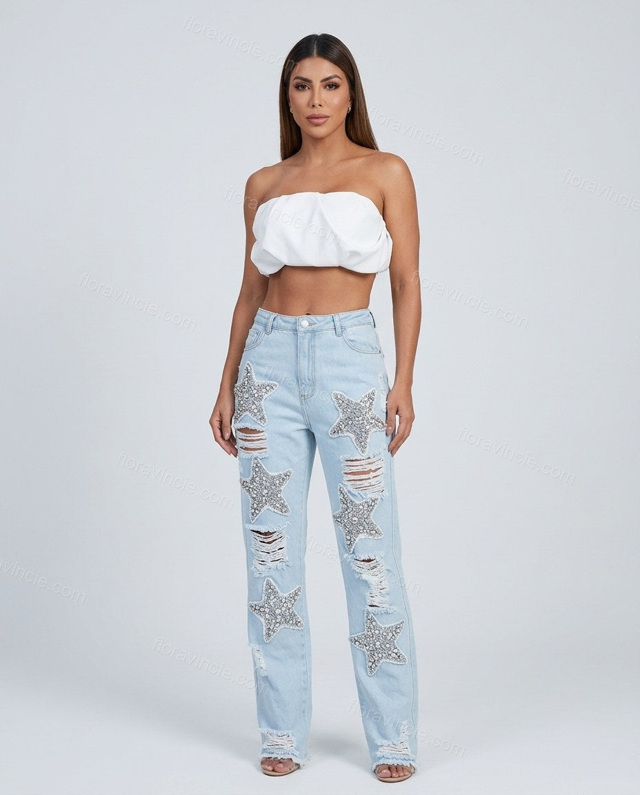 Light Blue Denim Pants, front studio view, by Floravincie