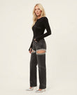 Black Rhinestone Fringe Denim Two-Piece Set, side and back studio view, by Floravincie