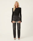 Black Rhinestone Fringe Denim Two-Piece Set, front studio view, by Floravincie