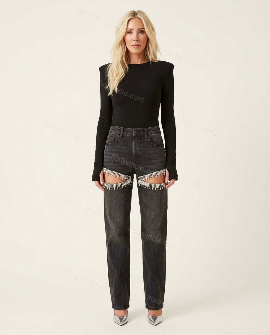 Black Rhinestone Fringe Denim Two-Piece Set, front studio view, by Floravincie