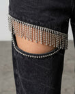 Black Rhinestone Fringe Denim Two-Piece Set, close-up of silver accents, cut-outs and rhinestone embellishment, by Floravincie