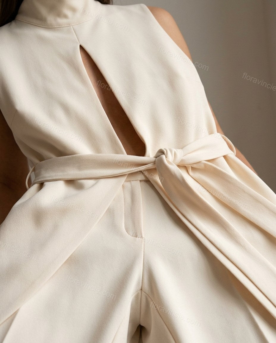 Cream Jumpsuit, close-up of mock neck, keyhole cutout and sleeveless, by Floravincie