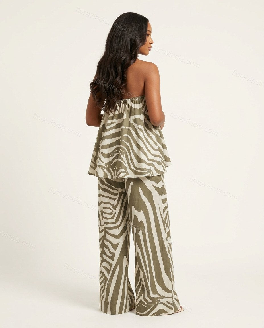 Khaki Strapless Peplum Top & Pants Set, back studio view, by Floravincie
