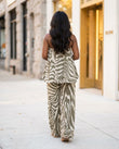 Khaki Strapless Peplum Top & Pants Set, movement and fit lifestyle view, by Floravincie