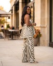 Khaki Strapless Peplum Top & Pants Set, walking lifestyle view, by Floravincie