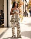 Khaki Strapless Peplum Top & Pants Set, three-quarter brand lifestyle view, by Floravincie
