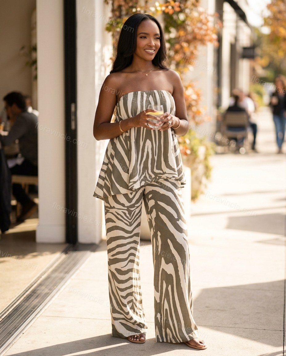 Khaki Strapless Peplum Top & Pants Set, three-quarter brand lifestyle view, by Floravincie