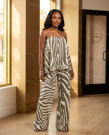 Khaki Strapless Peplum Top & Pants Set, full-length hero view, by Floravincie