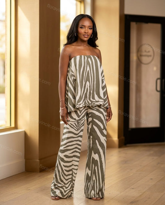 Khaki Strapless Peplum Top & Pants Set, full-length hero view, by Floravincie