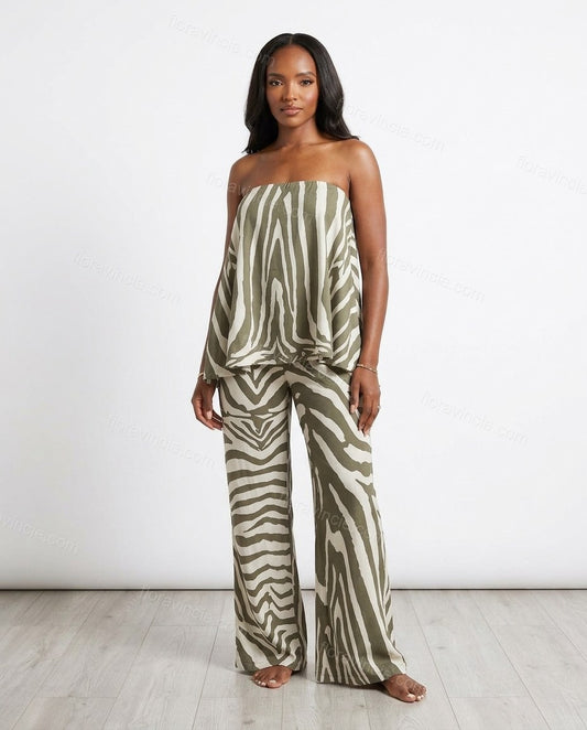 Khaki Strapless Peplum Top & Pants Set, front studio view, by Floravincie