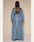 Light Blue Maxi Denim Dress, side and back studio view, by Floravincie