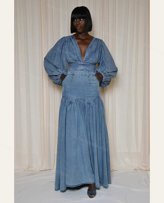 Light Blue Maxi Denim Dress, front studio view, by Floravincie