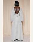 Light Blue Maxi Denim Dress, close-up of gathered cuffs, gathered waist and waist tie, by Floravincie