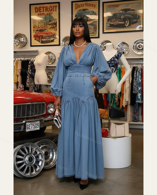 Light Blue Maxi Denim Dress, full-length hero view, by Floravincie