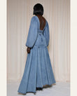 Light Blue Maxi Denim Dress, walking lifestyle view, by Floravincie