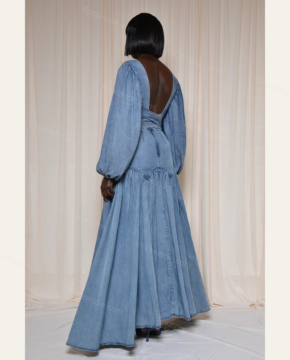 Light Blue Maxi Denim Dress, walking lifestyle view, by Floravincie