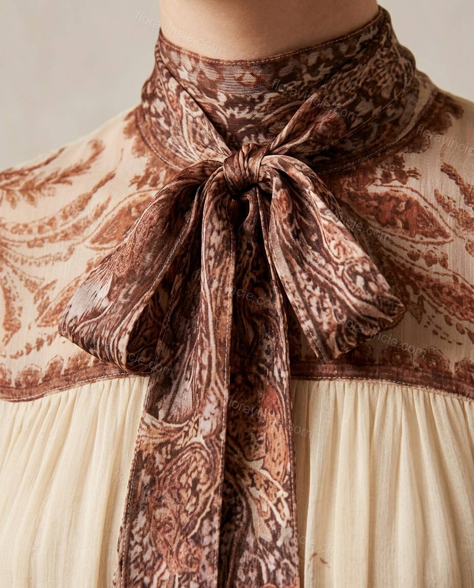 Cream Mini Ruffled Pleated Dress, close-up of brown and reddish brown accents, tie neck and gathered yoke, by Floravincie