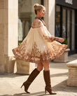 Cream Mini Ruffled Pleated Dress, walking lifestyle view, by Floravincie