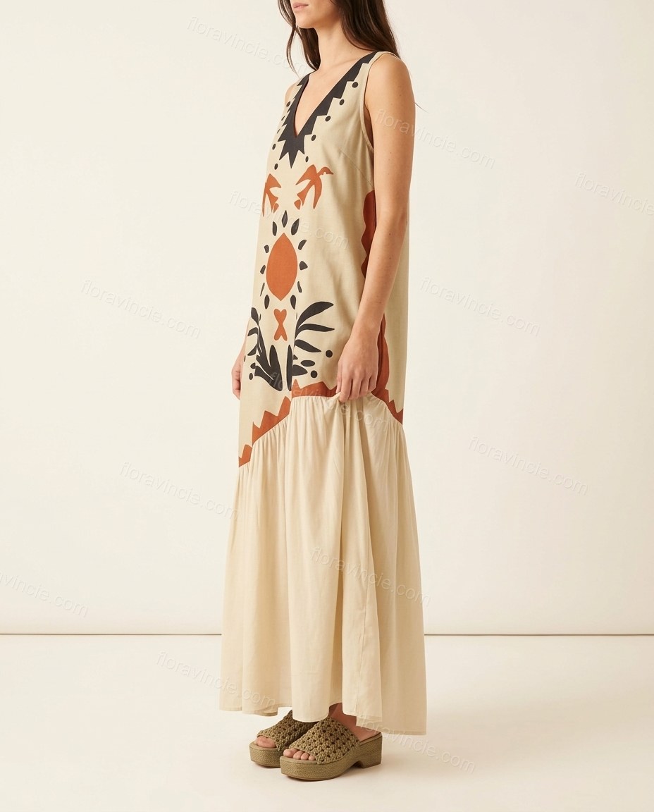 Beige Abstract Cape Tiered Bottom, side and back studio view, by Floravincie