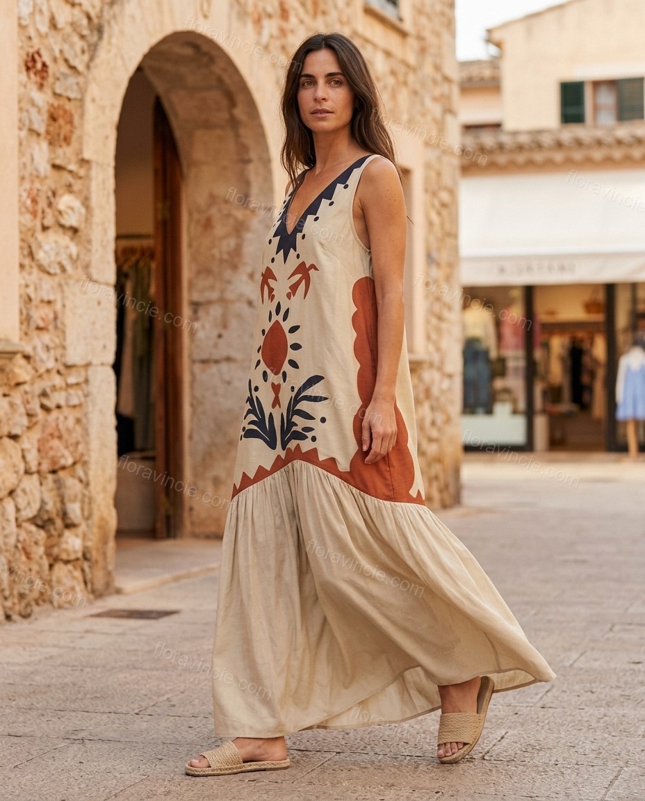 Beige Abstract Cape Tiered Bottom, walking lifestyle view, by Floravincie