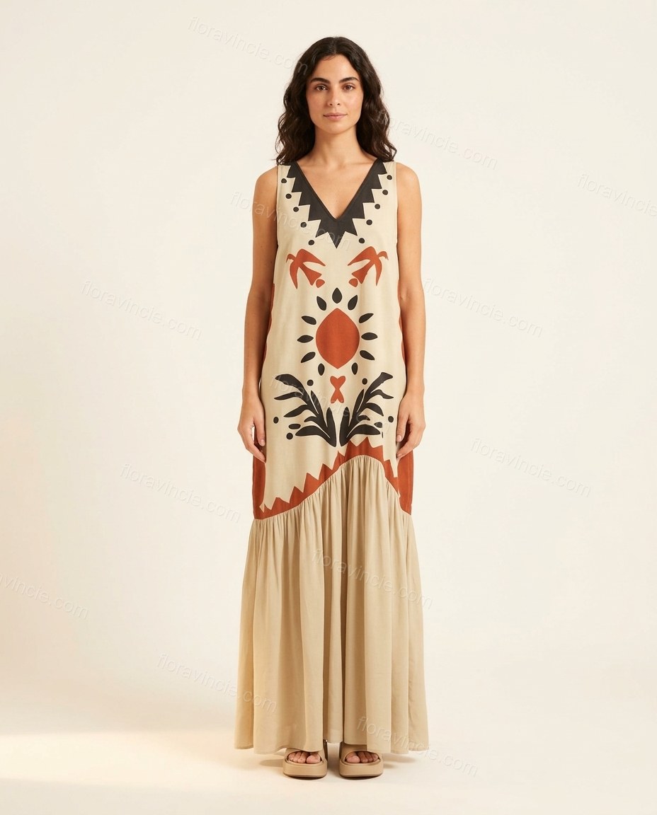 Beige Abstract Cape Tiered Bottom, front studio view, by Floravincie