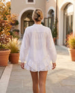 White Eyelet Ruffled Tiered Shorts Set, movement and fit lifestyle view, by Floravincie