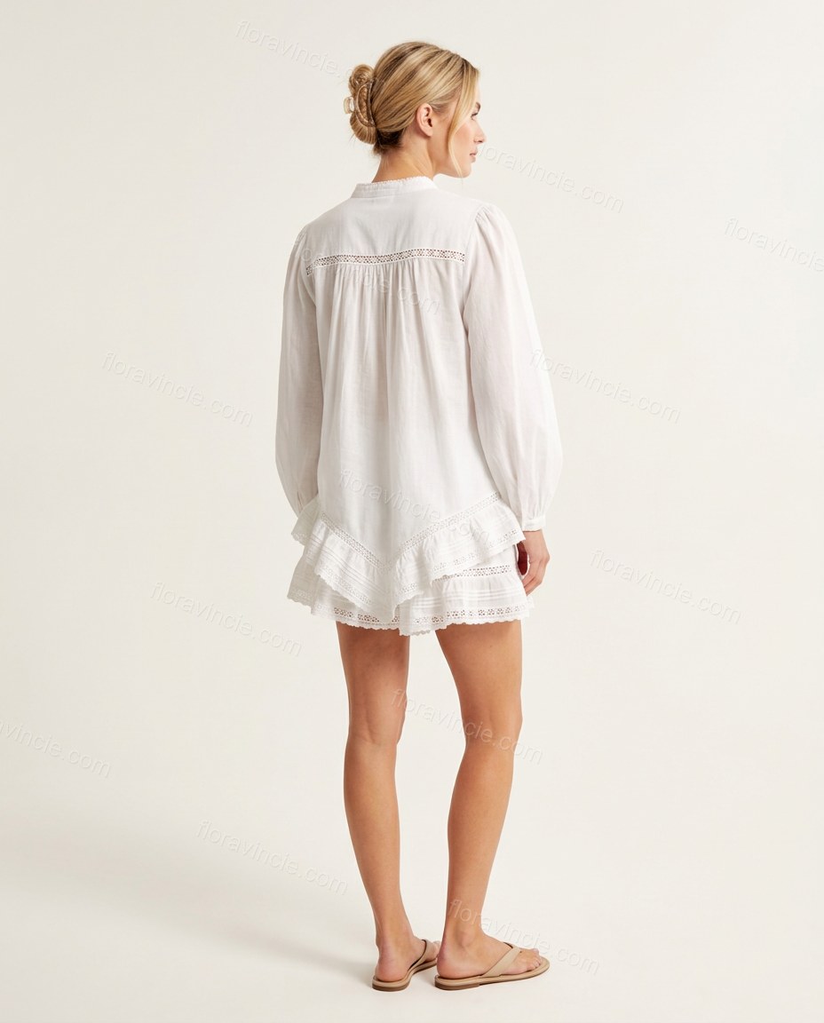 White Eyelet Ruffled Tiered Shorts Set, back studio view showing plain with ruffled hem, by Floravincie