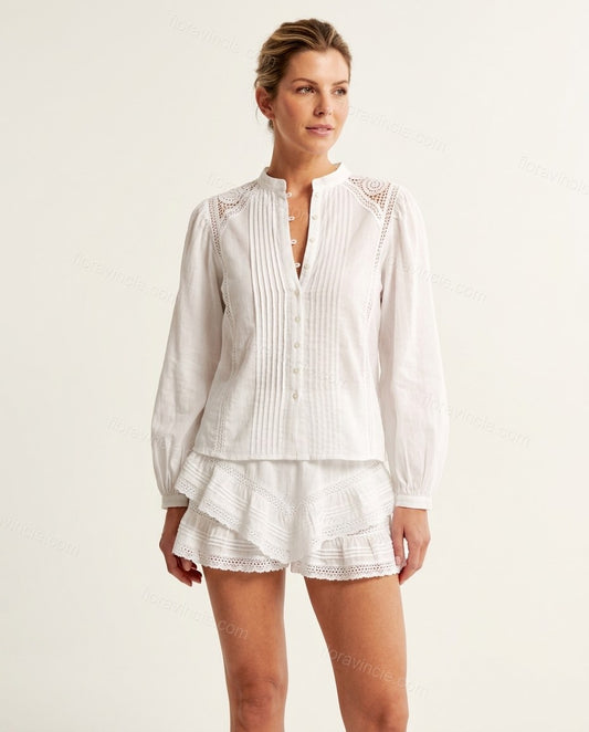 White Eyelet Ruffled Tiered Shorts Set, front studio view, by Floravincie