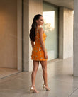 Orange Mini Rhinestone Dress, walking lifestyle view, by Floravincie
