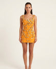 Orange Mini Rhinestone Dress, front studio view, by Floravincie