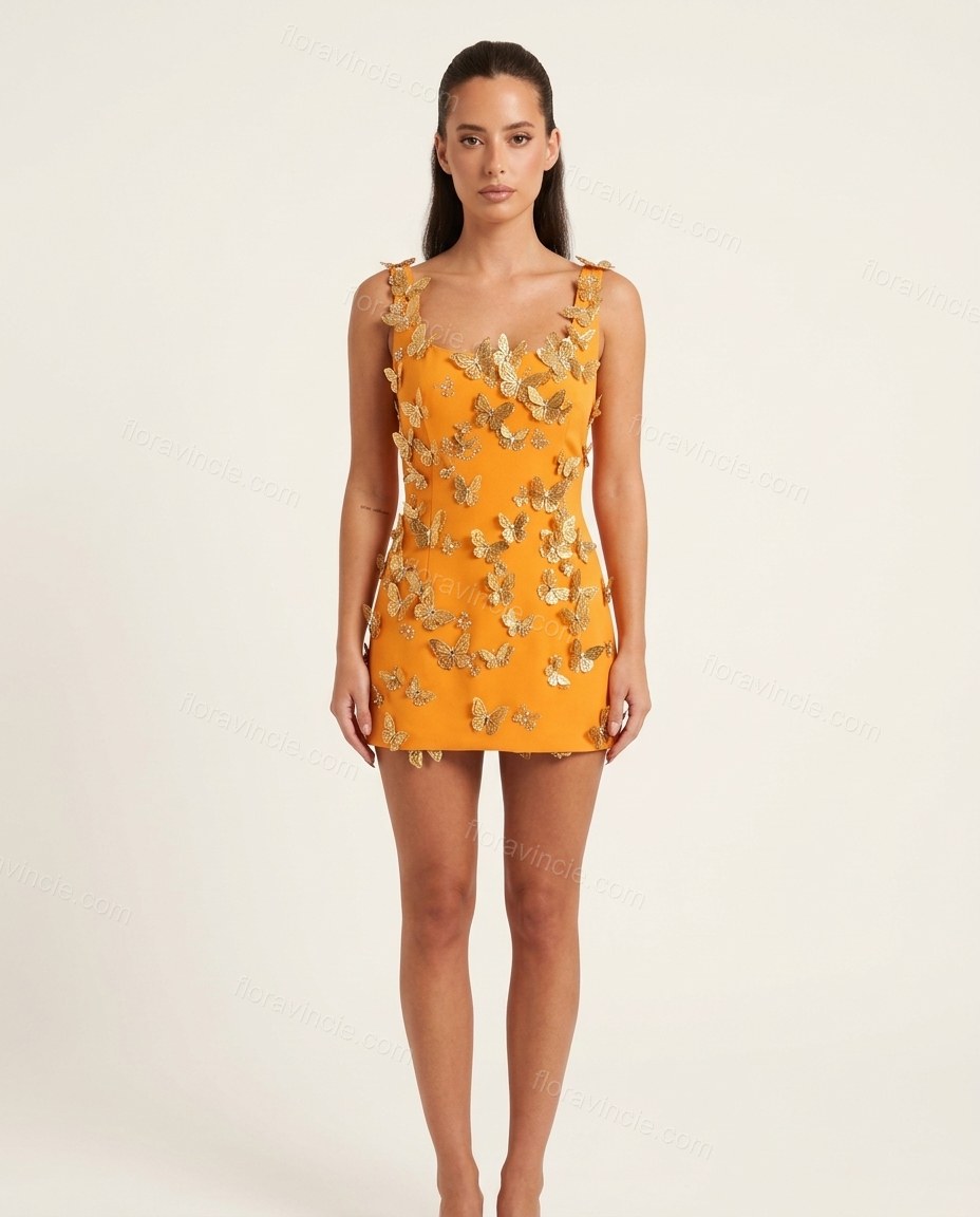 Orange Mini Rhinestone Dress, front studio view, by Floravincie