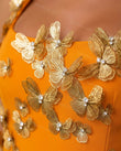 Orange Mini Rhinestone Dress, close-up of gold accents, 3d embellishments and rhinestone accents, by Floravincie