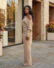Tan Maxi Off-Shoulder Knit Dress, three-quarter brand lifestyle view, by Floravincie