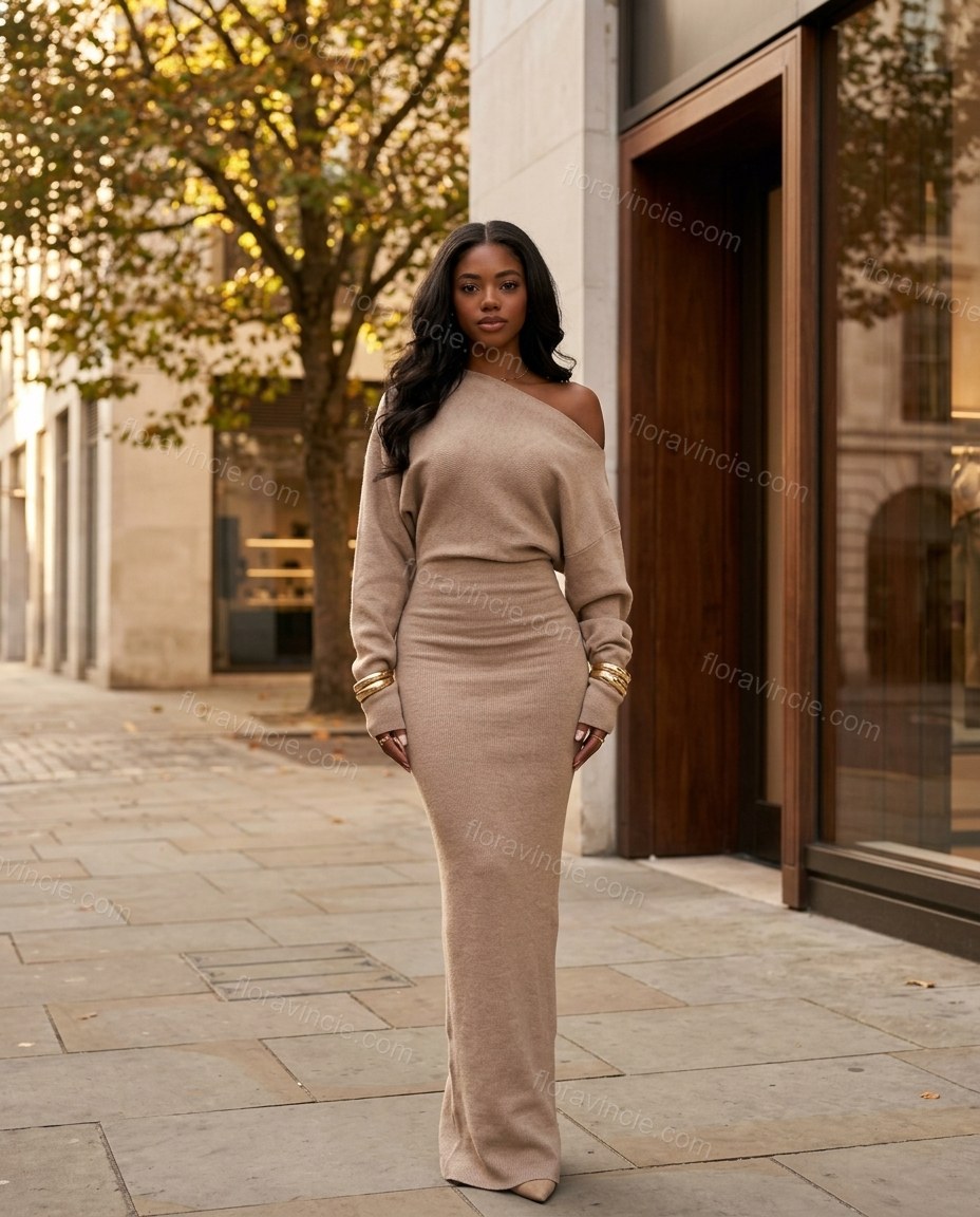 Tan Maxi Off-Shoulder Knit Dress, alternate use-case lifestyle view, by Floravincie