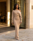 Tan Maxi Off-Shoulder Knit Dress, full-length hero view, by Floravincie