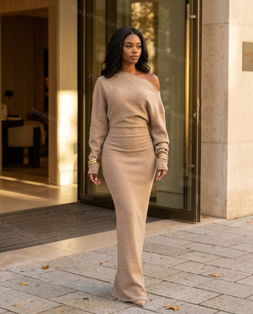 Tan Maxi Off-Shoulder Knit Dress, full-length hero view, by Floravincie