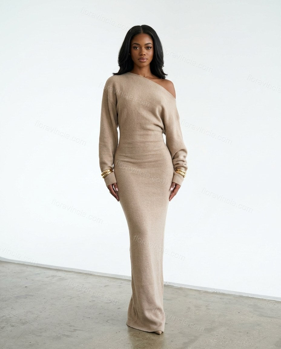 Tan Maxi Off-Shoulder Knit Dress, front studio view, by Floravincie