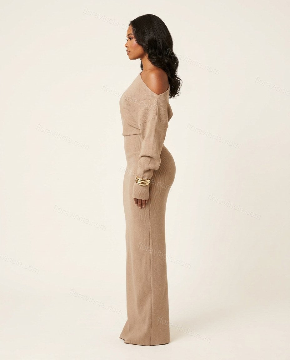 Tan Maxi Off-Shoulder Knit Dress, side and back studio view showing unclear, no clear back view, by Floravincie