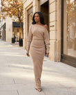 Tan Maxi Off-Shoulder Knit Dress, walking lifestyle view, by Floravincie