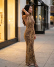 Brown Leopard Print Maxi Open-Back Dress, alternate use-case lifestyle view, by Floravincie