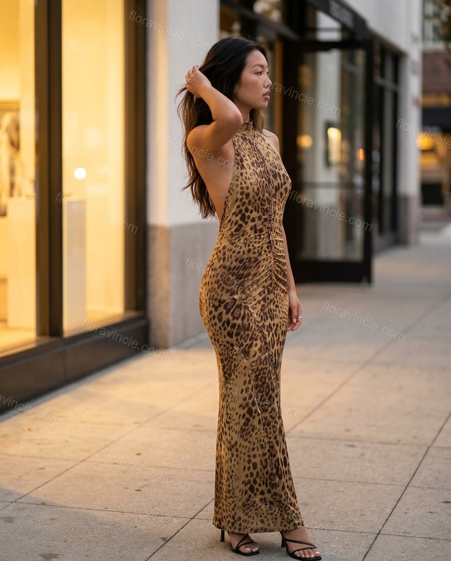 Brown Leopard Print Maxi Open-Back Dress, alternate use-case lifestyle view, by Floravincie